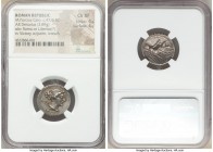 M. Porcius Cato (ca. 89 BC). AR denarius (20mm, 3.89 gm, 4h). NGC Choice XF 4/5 - 4/5. M•CATO (AT ligate), draped bust of Roma right, thin band in hai...