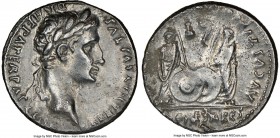 Augustus (27 BC-AD 14). AR denarius (18mm, 6h). NGC Choice VF. Lugdunum, 2 BC-AD 4. CAESAR AVGVSTVS-DIVI F PATER PATRIAE, laureate head of Augustus ri...