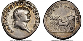 Titus (AD 79-81). AR denarius (18mm, 5h). NGC Choice Fine. Rome, 1 January-24 June AD 79. T CAESAR IMP VESPASIANVS, laureate head of Titus right / TR ...