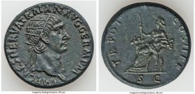 Trajan (AD 98-117). AE dupondius (27mm, 12.85gm, 6h). Choice XF, smoothed, tooled. Rome, AD 98-99. IMP CAES NERVA TRAIAN AVG GERM P M, radiate head of...