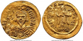 Phocas (AD 602-610). AV solidus (21mm, 4.36 gm, 6h). NGC MS 3/5 - 4/5, die shift, clipped. Constantinople, 5th officina, AD 607-609. d NN FOCAS-PЄRP A...