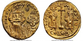Constans II Pogonatus (AD 641-668), with Constantine IV, Heraclius and Tiberius. AV solidus (19mm, 4.32 gm, 6h). NGC Choice MS 5/5 - 4/5, clipped. Con...