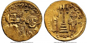 Constans II Pogonatus (AD 641-668), with Constantine IV, Heraclius and Tiberius. AV solidus (19mm, 4.41 gm, 7h). NGC MS 3/5 - 5/5. Constantinople, 3rd...