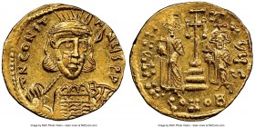 Constantine IV Pogonatus (AD 668-685) with Heraclius and Tiberius. AV solidus (20mm, 4.42 gm, 7h). NGC Choice MS 5/5 - 5/5. Constantinople, 6th offici...