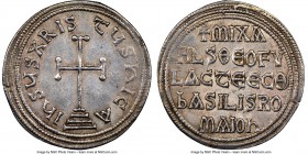 Michael I Rhangabe (AD 811-813), with Theophylactus. AR miliaresion (22mm, 11h). NGC AU. Constantinople. IҺSЧS XRIS-TЧS ҺICA, cross potent set on thre...