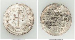 Leo V the Armenian and Constantine (AD 813-820). AR miliaresion (23mm, 2.10 gm, 12h). XF, wavy flan. Constantinople. IhSЧS XRISTЧS NICA, cross potent ...