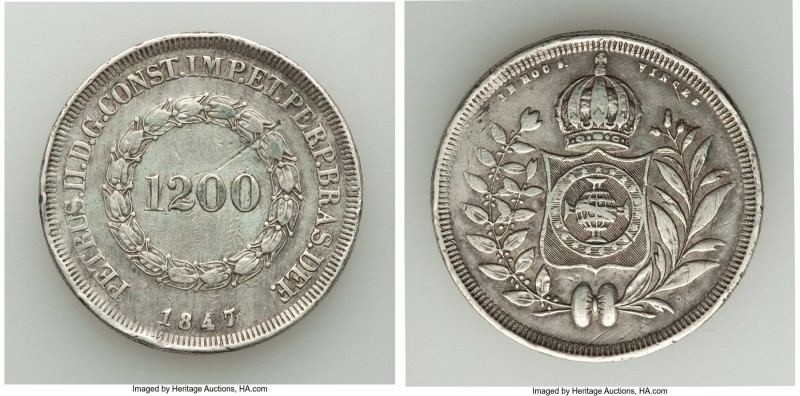 Pedro II 1200 Reis 1847 VF (Scratched, Residue, Edge Nicks), KM454. 

HID09801...
