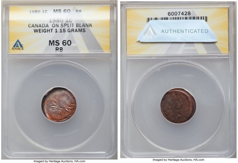 Elizabeth II Mint Error - Struck on Split Planchet Cent 1980 MS60 Red and Brown ...