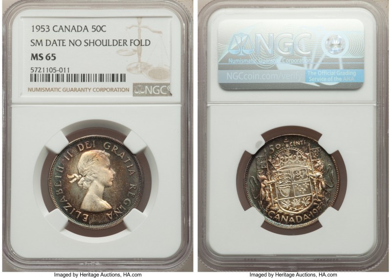 Elizabeth II 50 Cents 1953 MS65 NGC, Royal Canadian mint, KM53. Small Date, No S...