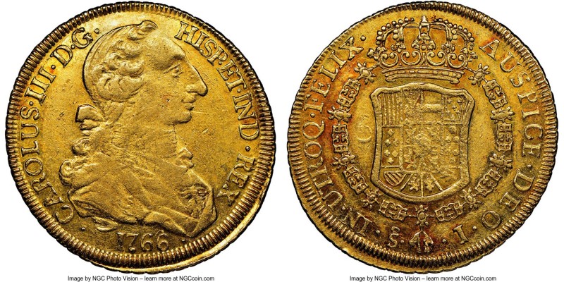 Charles III gold 8 Escudos 1766 So-J XF Details (Obverse Scratched) NGC, Santiag...