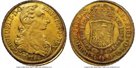 Charles III gold 8 Escudos 1766 So-J XF Details (Obverse Scratched) NGC, Santiago mint, KM25. Rat nose type. A scarcer early date in the Charles III C...