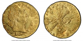 Louis XIV gold Louis d'Or 1704-B MS61 PCGS, Rouen mint, KM365.2, Gad-254. Overstruck on a 1694-D Louis d'Or of the same monarch. Struck slightly off-c...