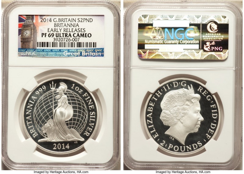 Elizabeth II silver Proof "Britannia" 2 Pounds (1 oz) 2014 PR69 Ultra Cameo NGC,...