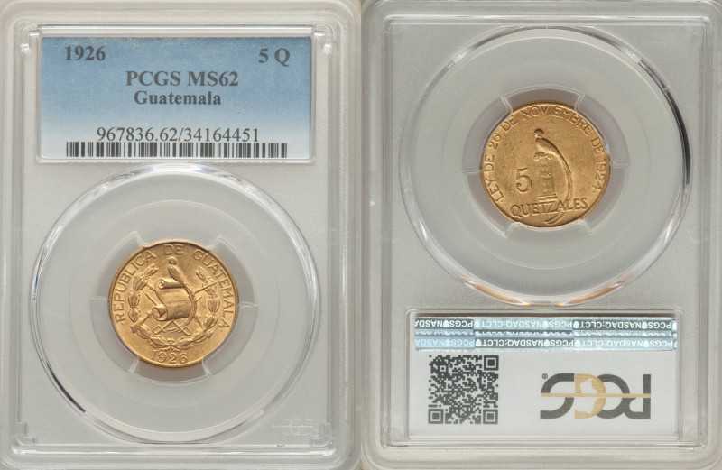 Republic gold 5 Quetzales 1926-(P) MS62 PCGS, Philadelphia mint, KM244. AGW 0.24...
