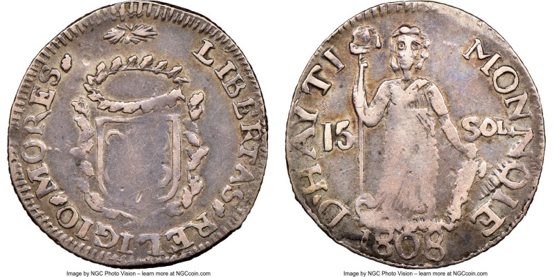 Northern Haiti. Henri Christophe 15 Sols 1808 VF25 NGC, KM6. Large Date variety....