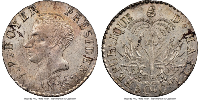 Republic 50 Centimes L'An 28 (1831) MS63 NGC, KM20. A very scarce grade for this...
