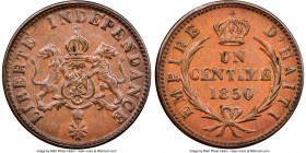 Faustin I Centime 1850 MS62 Brown NGC, KM34. Crowned Shield type. A quality Mint State selection with glossy brown surfaces. 

HID09801242017

© 2...