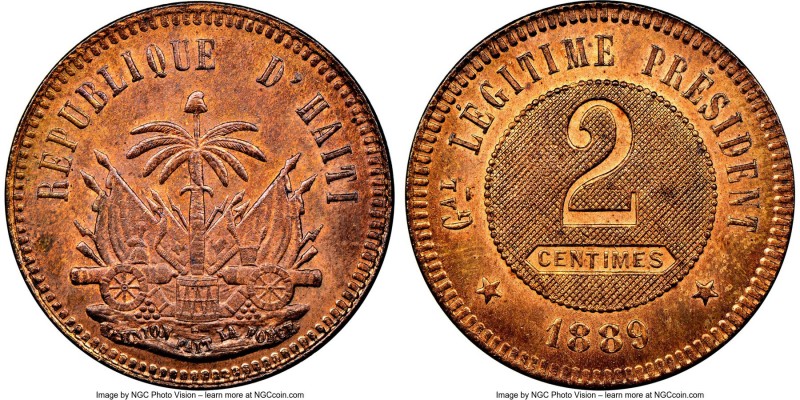 Republic copper Pattern 2 Centimes 1889 MS65 Red and Brown NGC, KM-Pn86.

HID0...
