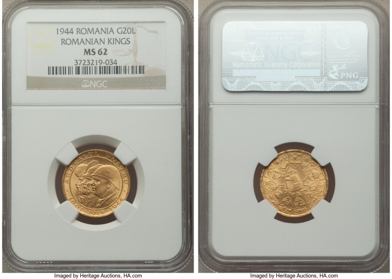 Mihai I gold "Romanian Kings" 20 Lei 1944 MS62 NGC, KM-XM13. AGW 0.1895 oz. 

...