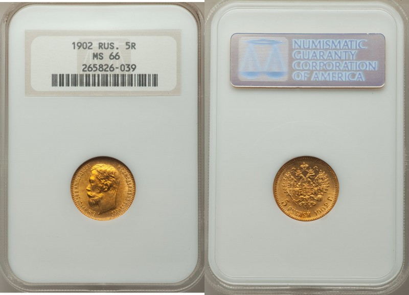 Nicholas II gold 5 Roubles 1902-AP MS66 NGC, St. Petersburg mint, KM-Y62. AGW 0....