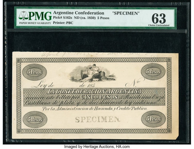Argentina Confederacion Argentina 5 Pesos ND (ca. 1850) Pick S162s Specimen PMG ...