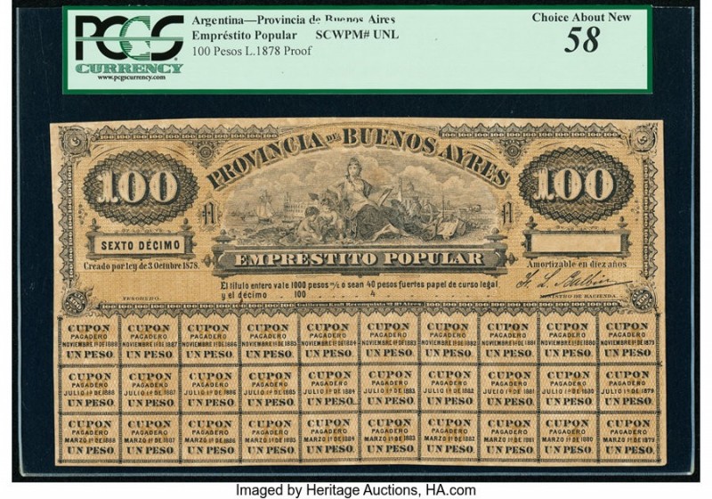Argentina Provincia de Buenos Ayres 100 Pesos 3.10.1878 Pick Unlisted Proof PCGS...