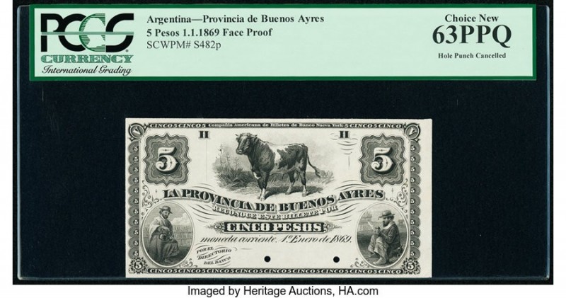 Argentina Provincia de Buenos Ayres 5 Pesos 1.1.1869 Pick S482p Face Proof PCGS ...