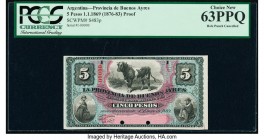 Argentina Provincia de Buenos Ayres 5 Pesos 1.1.1869 Pick S483p Proof PCGS Choice New 63PPQ. Punch hole cancelled with 2 holes. 

HID09801242017

© 20...