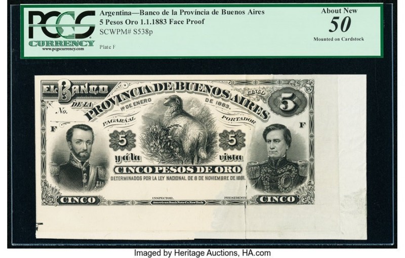Argentina Provincia de Buenos Aires 5 Pesos Oro 1.1.1883 Pick S538p Face Proof P...