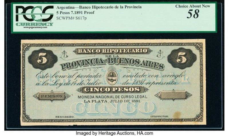 Argentina Banco Hipotecario 5 Pesos 1891 Pick S617p Proof PCGS Choice About New ...