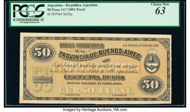 Argentina Banco Hipotecario 50 Pesos 14.7.1891 Pick S620p Proof PCGS Choice New ...