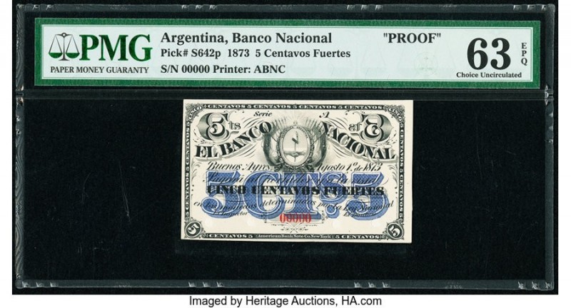 Argentina Banco Nacional 5 Centavos Fuertes 1.8.1873 Pick S642p Proof PMG Choice...