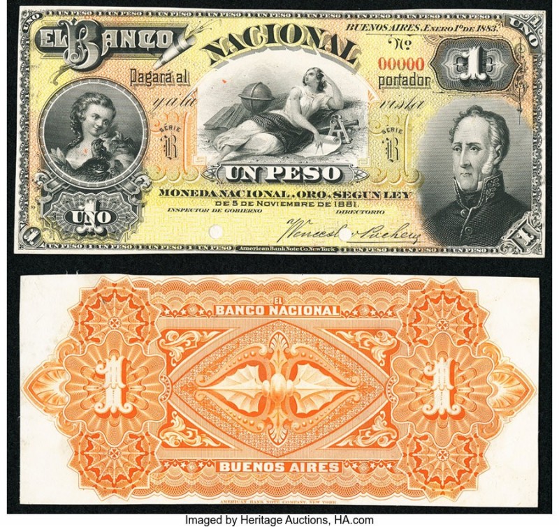 Argentina Banco Nacional 1 Peso 1.1.1883 Pick S676p Front and Back Proofs Choice...