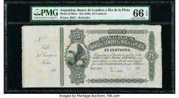 Argentina Banco de Londres y Rio de la Plata 25 Centavos ND (1866) Pick S1739Ar Remainder PMG Gem Uncirculated 66 EPQ. PMG calls this example a Remain...