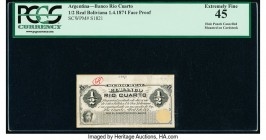 Argentina Banco Rio Cuarto 1/2 Real Boliviana 1.4.1874 Pick S1821p Face Proof PCGS Extremely Fine 45. Mounted on cardstock and hole cancelled. 

HID09...