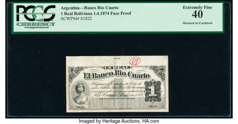 Argentina Banco Rio Cuarto 1 Real Boliviana 1.4.1874 Pick S1822p Face Proof PCGS...