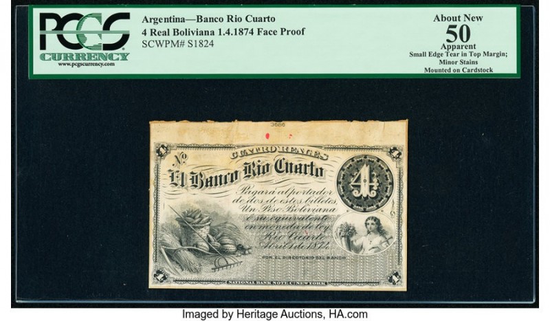 Argentina Banco Rio Cuarto 4 Reales Boliviana 1.4.1874 Pick S1824p Face Proof PC...