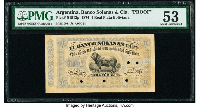 Argentina Banco Solanas & Cia. 1 Real Plata Boliviana 1.6.1874 Pick S1912p Proof...