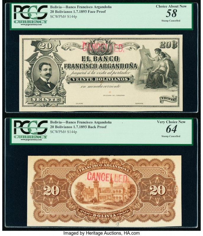 Bolivia Banco Francisco Argandona 20 Bolivianos 1.7.1893 Pick S144p Face and Bac...