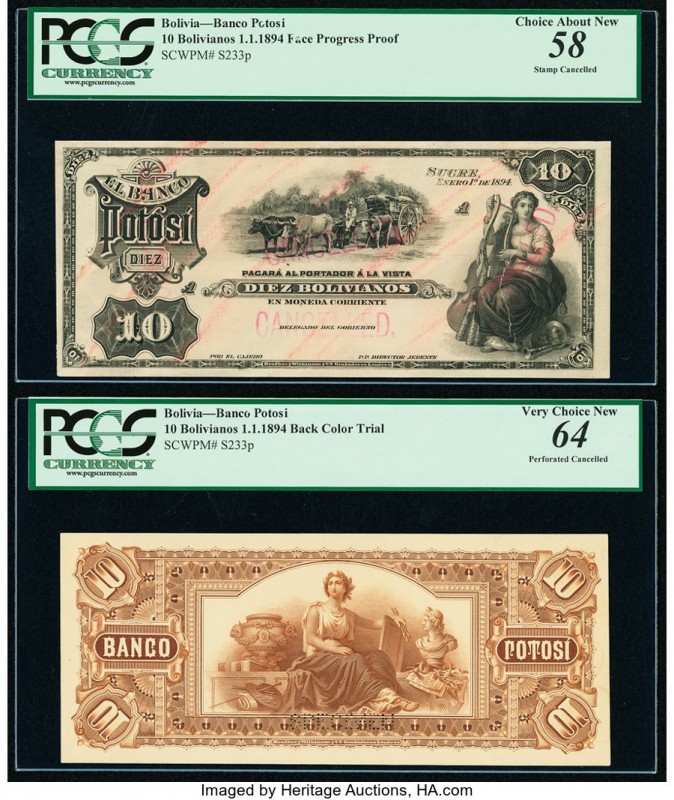 Bolivia Banco Potosi 10 Bolivianos 1.1.1894 Pick S233p Face and Back Proofs PCGS...