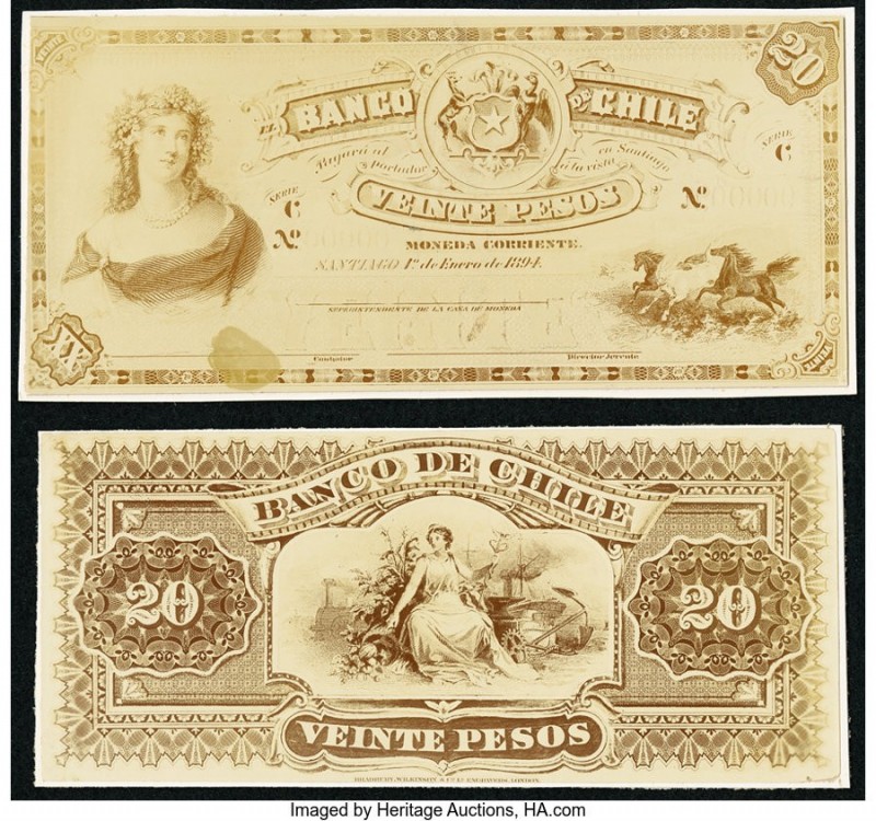 Chile Banco De Chile 20 Pesos 1.1.1894 Pick Unlisted Face and Back Photographic ...