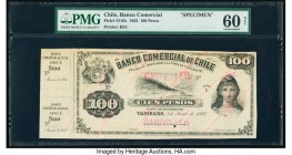 Chile Banco Comercial 100 Pesos 8.6.1893 Pick S163s Specimen PMG Uncirculated 60 Net. Cancelled, Internal tear, stamp cancelled and previously mounted...