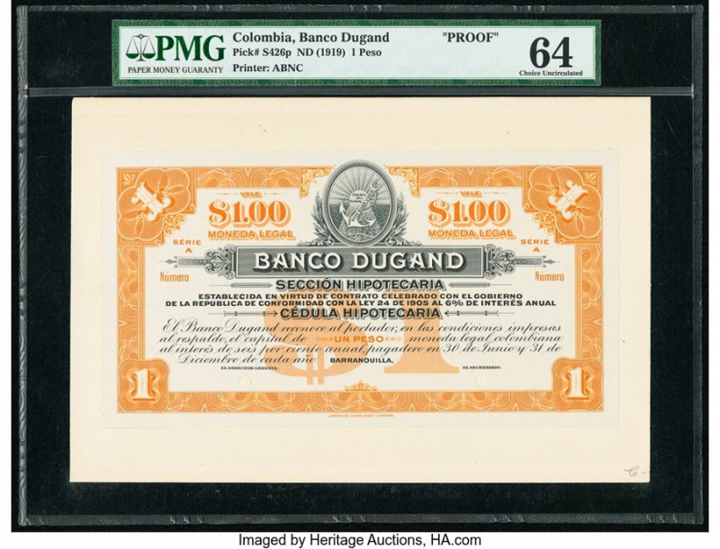 Colombia Banco Dugand 1 Peso ND (1919) Pick S426p Front and Back Proofs PMG Choi...