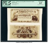 Uruguay Banco de la Republica Oriental del Uruguay 5 Pesos 24.8.1900 Pick Unlisted Face and Back Photographic Proofs PCGS Choice New 63. Minor mountin...