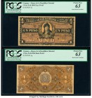 Uruguay Banco de la Republica Oriental 1 Peso 24.8.1896 Pick 3p Face and Back Proofs PCGS Choice New 63 (2). Lot examples are punch hole cancelled wit...