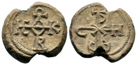 Byzantine Lead Seals PB,
Condition: Very Fine

Weight: 14,10 gr
Diameter: 22,35 mm