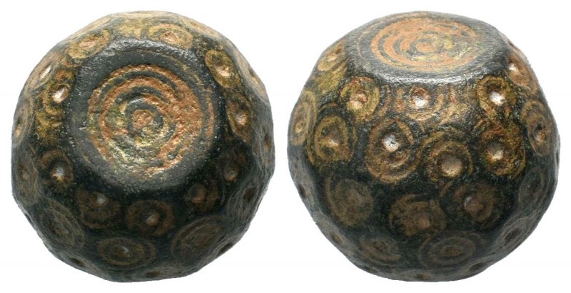 Byzantine bronze barrel weight with ring and dot motifs,About fine to about very...