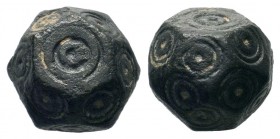 Byzantine bronze barrel weight with ring and dot motifs,About fine to about very fine.
Weight: 14,30 gr
Diameter: 12,60 mm