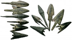 Selected 6x Arrow Heads.Iron Age, c. 1200 - 690 B.C. Biblade Bronze arrowhead, Cyprus, c. 1200 - 700 B.C., length 47mm, Lavely Green Patina on , Excel...
