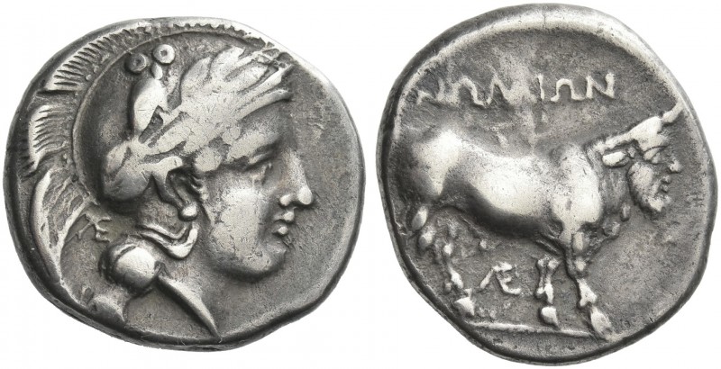 Campania, Nola.
Didrachm circa 400-385 BC, AR 21 mm, 7.20 g. Head of Athena r.,...